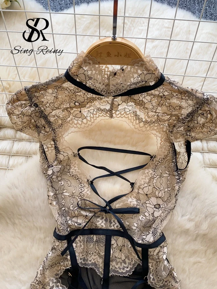 SINGREINY Tuta intera sexy trasparente in pizzo, traforata, in rete, per cosplay, con ricami floreali, body aderenti_voghion.com