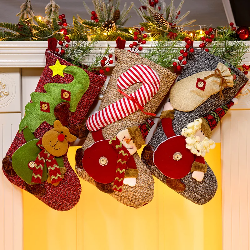

Christmas Stocking Socks Gift Candy Bag Snowman Santa Elk Pattern Xmas Tree Hanging Ornament Party Home Fireplace Decoration