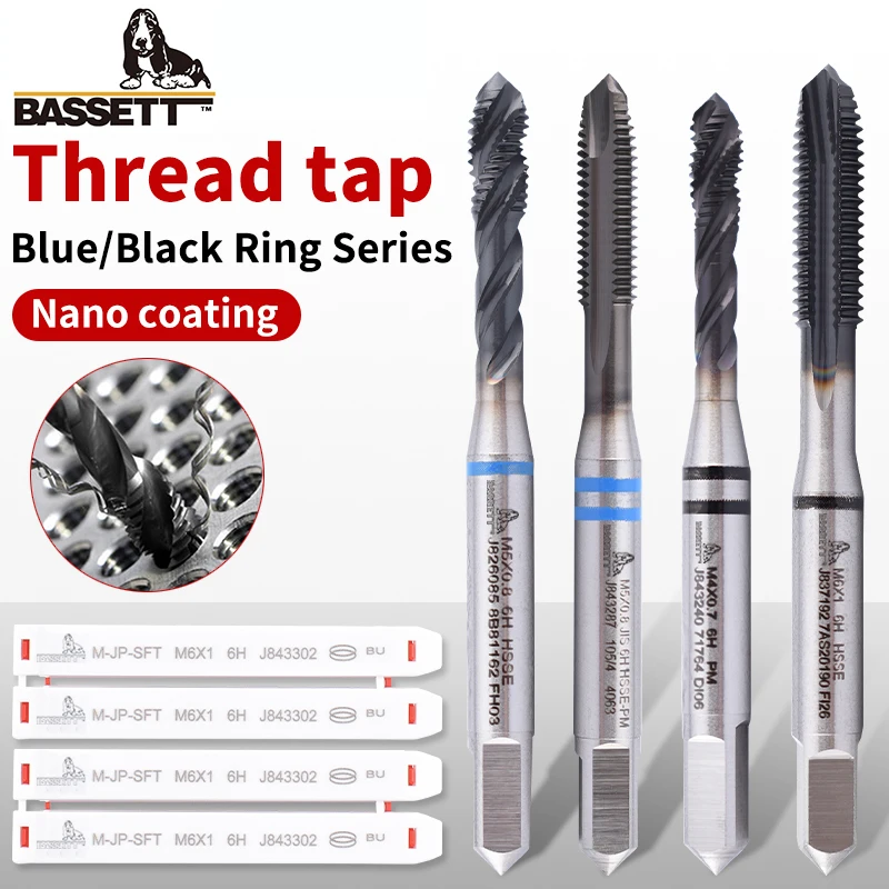BASSETT 1pcs HSSE-PM JP 코팅 스파이럴 플루트 탭 스파이럴 포인트 탭 M2M2.5M3M4M5M6M8 M10 M12M14M16 기계 나사 탭