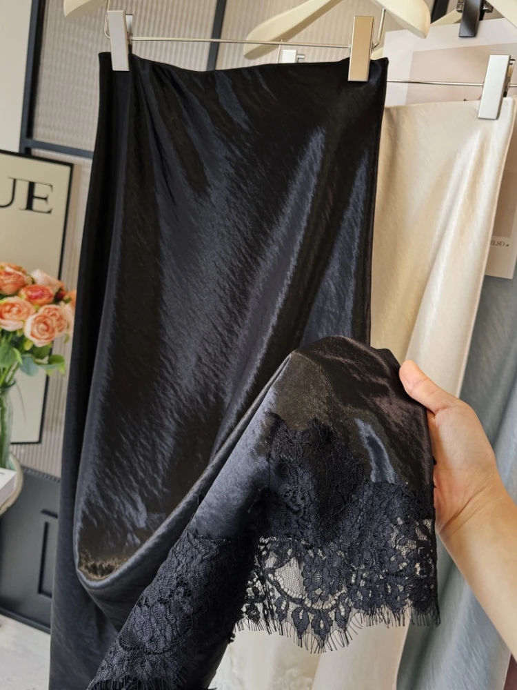 Satin Lace Patchwork Midi Skirt 2025 Women A-line Elegant Smooth Skirt Women Clothing 6