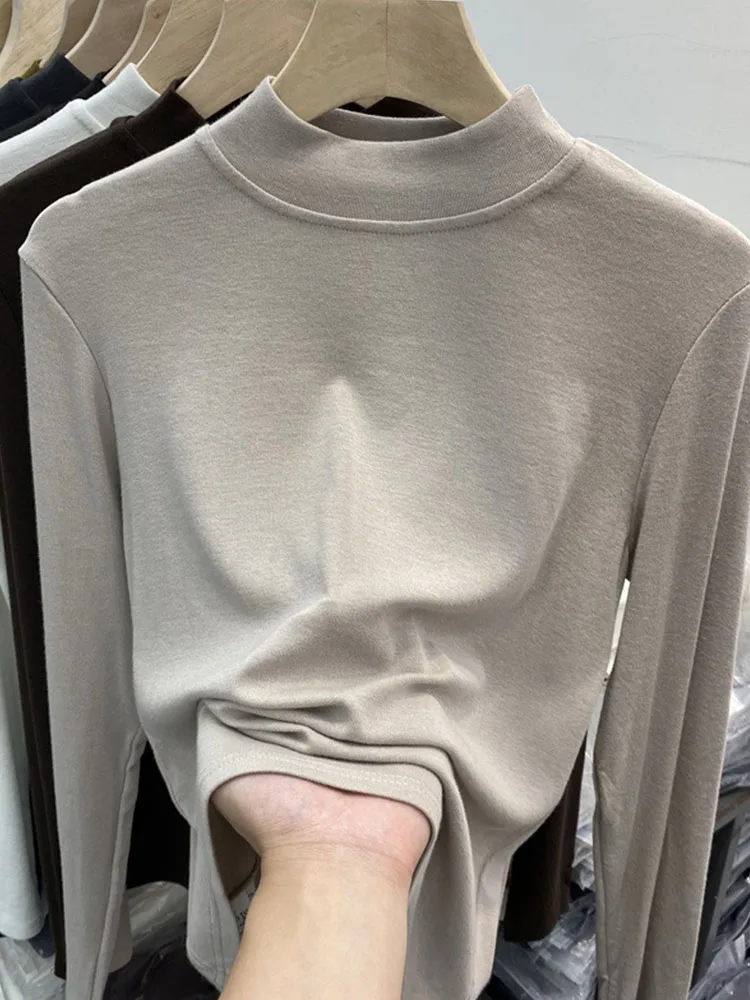 Basic High Quality Pure Cotton White T-shirt for Women Elegant Slim Top Women's Half Turtleneck Long Sleeve T-shirts