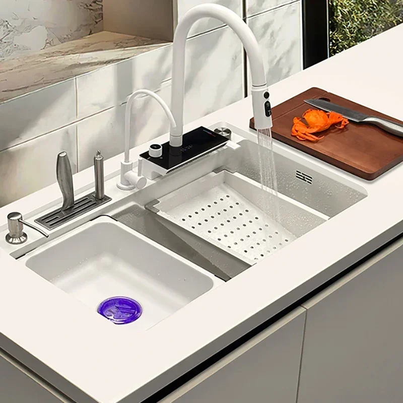White Stainless Steel Kitchen Sink Multifuctional Waterfall Kitchen Faucets with Dish Drainer for Kitchen Sink Large Single Bowl