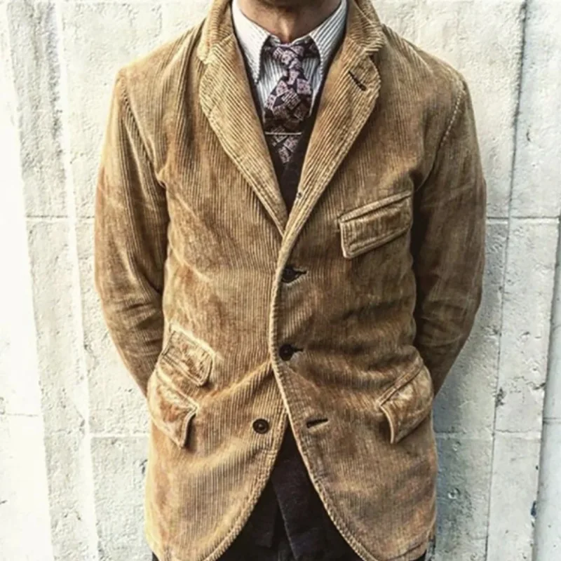 

Autumn Winter Coat Men Casual Solid Color Straight Slim Jacket Men's Vintage Long Sleeve Turn-down Collar Single-Breasted Jacket