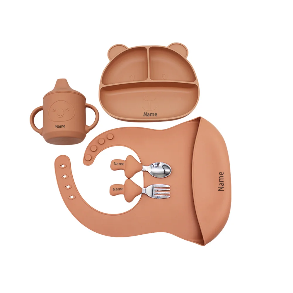 5-Piece Silicone Tableware Set with Free Name Engraving Creative Gifts Customized for Boys and Girls