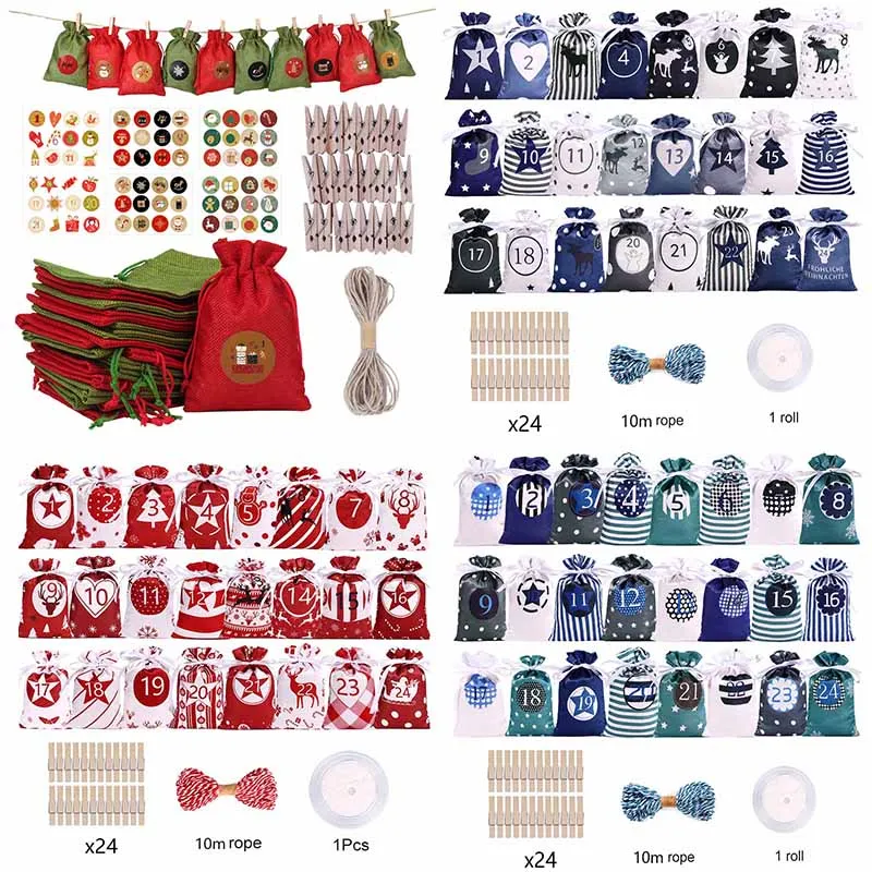 24Days Advent Calendar Bags DIY Paper Sticker Drawstring Gift Bag with Clip New Year Christmas Countdown Advent Bag navidad