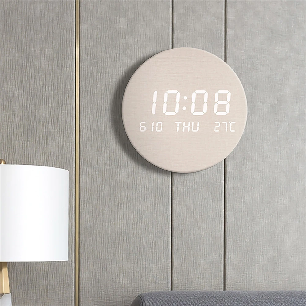 

Solid Wood Color Round LED Wall Clock Nordic Style Digital Temperature Date Display Silent Clock Living Room Bedroom Wall Decor