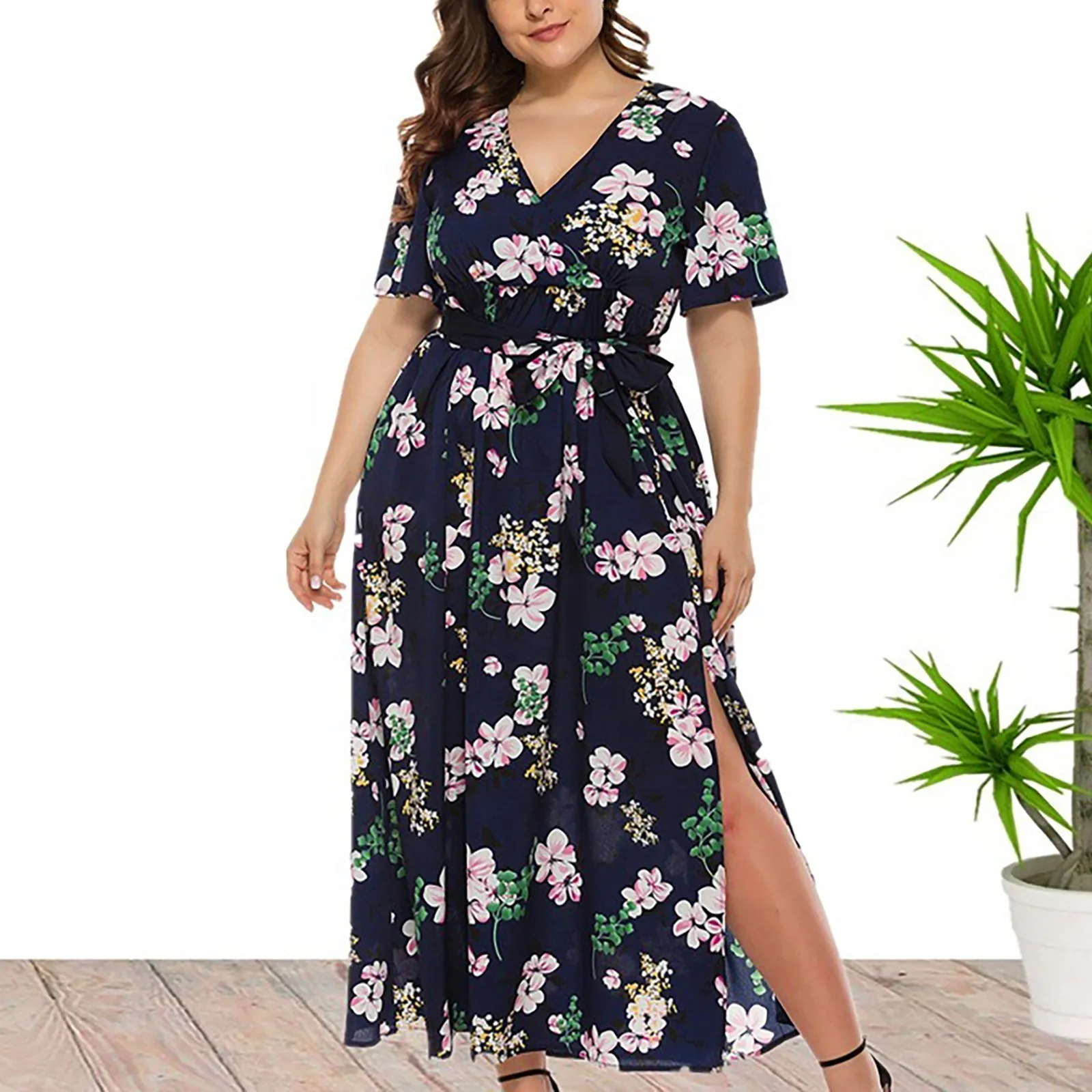 

Women's V Neck Floral Short Sleeve Hem Slit Belted Dress Robe Femme Office Ladies Chic