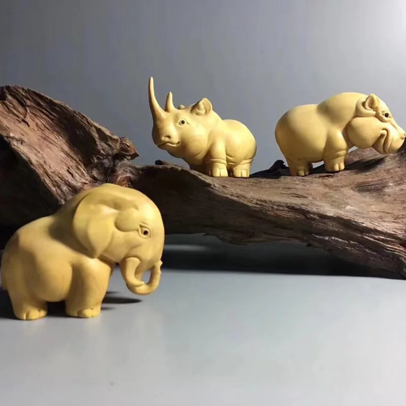 

Small Leaf Boxwood African Three Treasures Hippo, Rhinoceros, Elephant Home Carving Ornaments Gifts