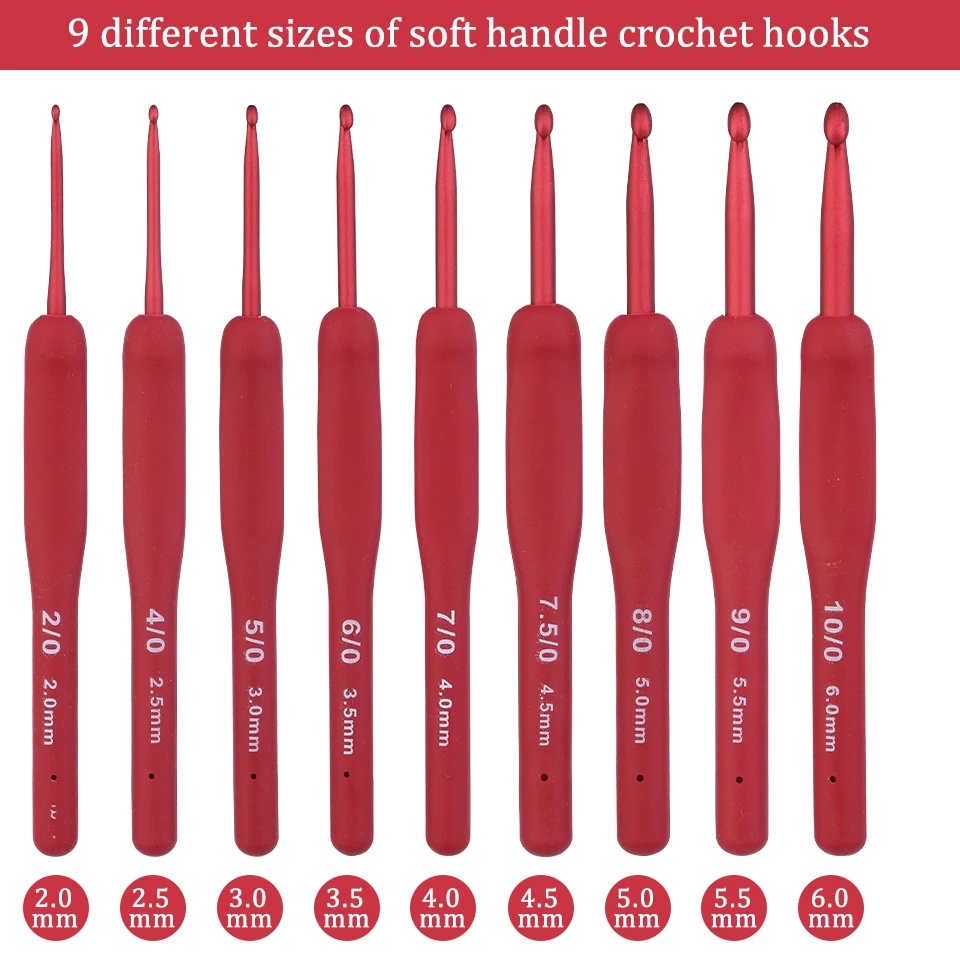 9Pcs Red Crochet Hooks Set with Silicone Handle Knitting Needles Tools with Pink PU Bag Size 2.0mm To 6.0mm