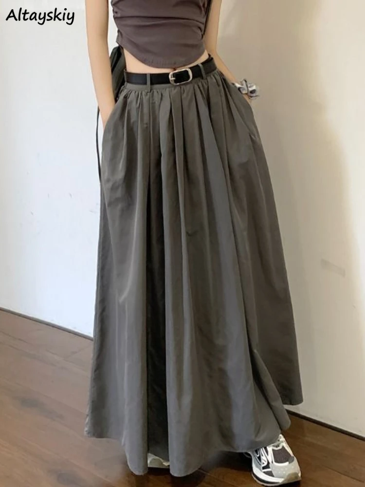 Long Skirts Women Loose Autumn Pleated High Waist Pure Temperament Chic Aesthetic Bottoms Harajuku Leisure Korean Fashion Faldas