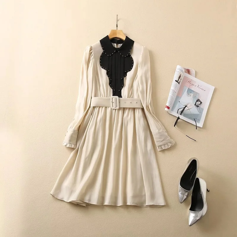 

Long Sleeve Dress 2022 Autumn Style Women Peter Pan Collar Beading Belt Deco High Quality Beige Black Casual Work Dress OL