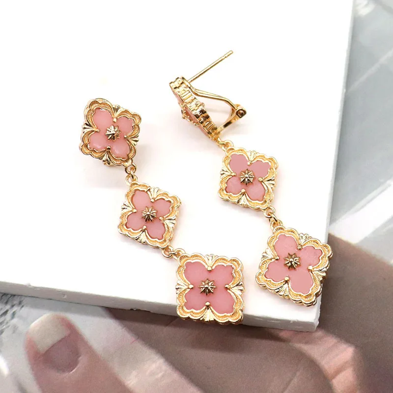 Italian Brand Style Tri Flower Four Leaf Ear Cuff Dangle Turquoise Agate Tiger Eye Ear Drop Cuff Earring Original Quality Jewel