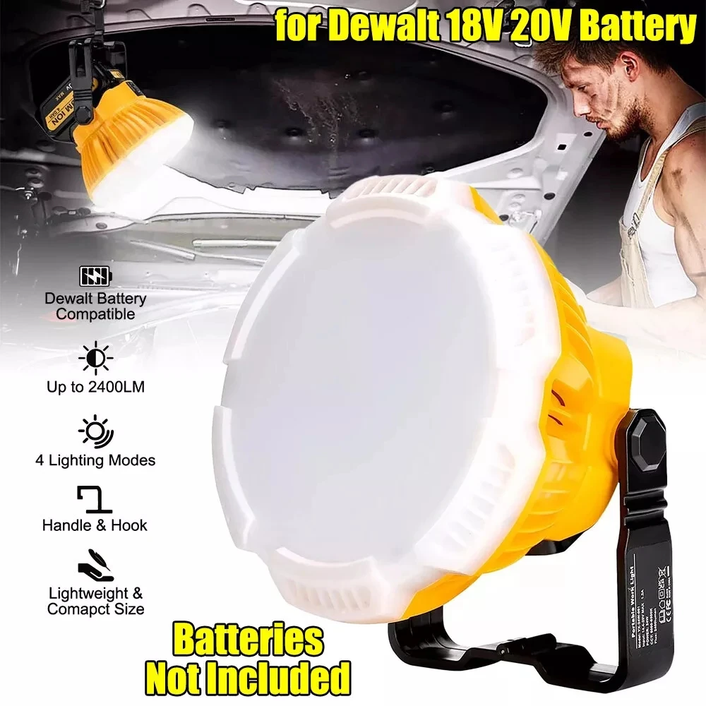 Portable Flashlight 24W 2400LM LED Work Light for Dewalt 18V Li-ion Battery LED Lamp Tent Light With Hook