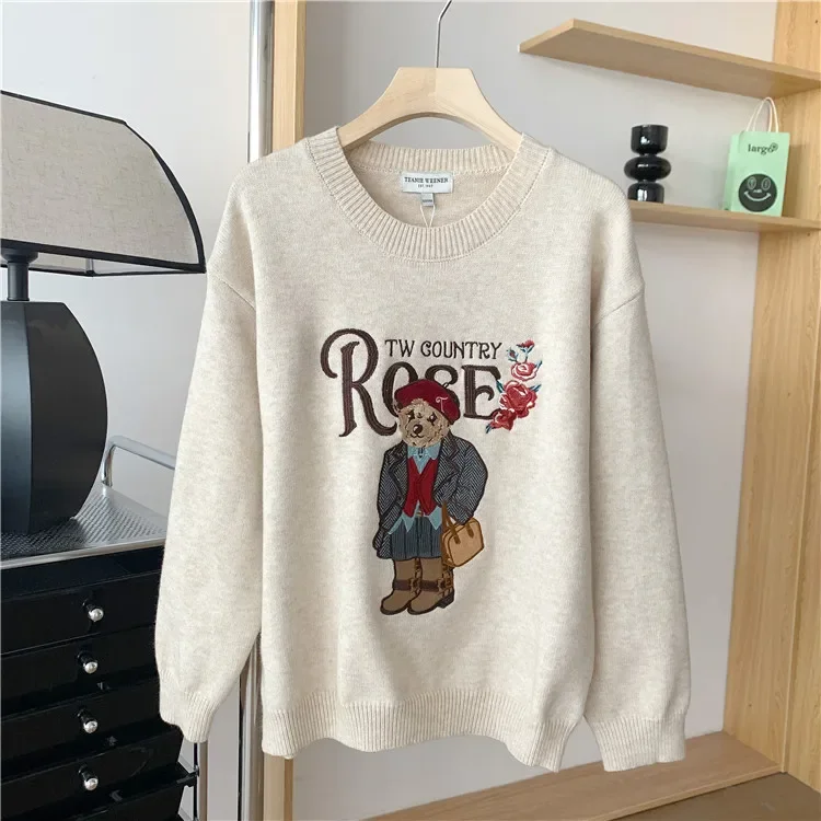 

Women Sweater With Rose Floral Embroidery, Winter Autumn Knitted Pullovers, Preppy JK Style Jumper, Vestidos Para Mujer, Traf