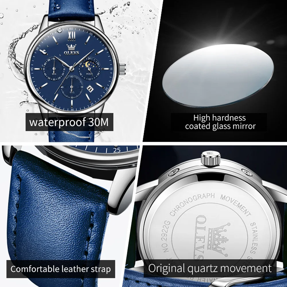 OLEVS Watch Top Waterproof Blue Leather Business Casual Quartz Watch Men's Three Eyes Multifunction Moon Phases Clock Reloj