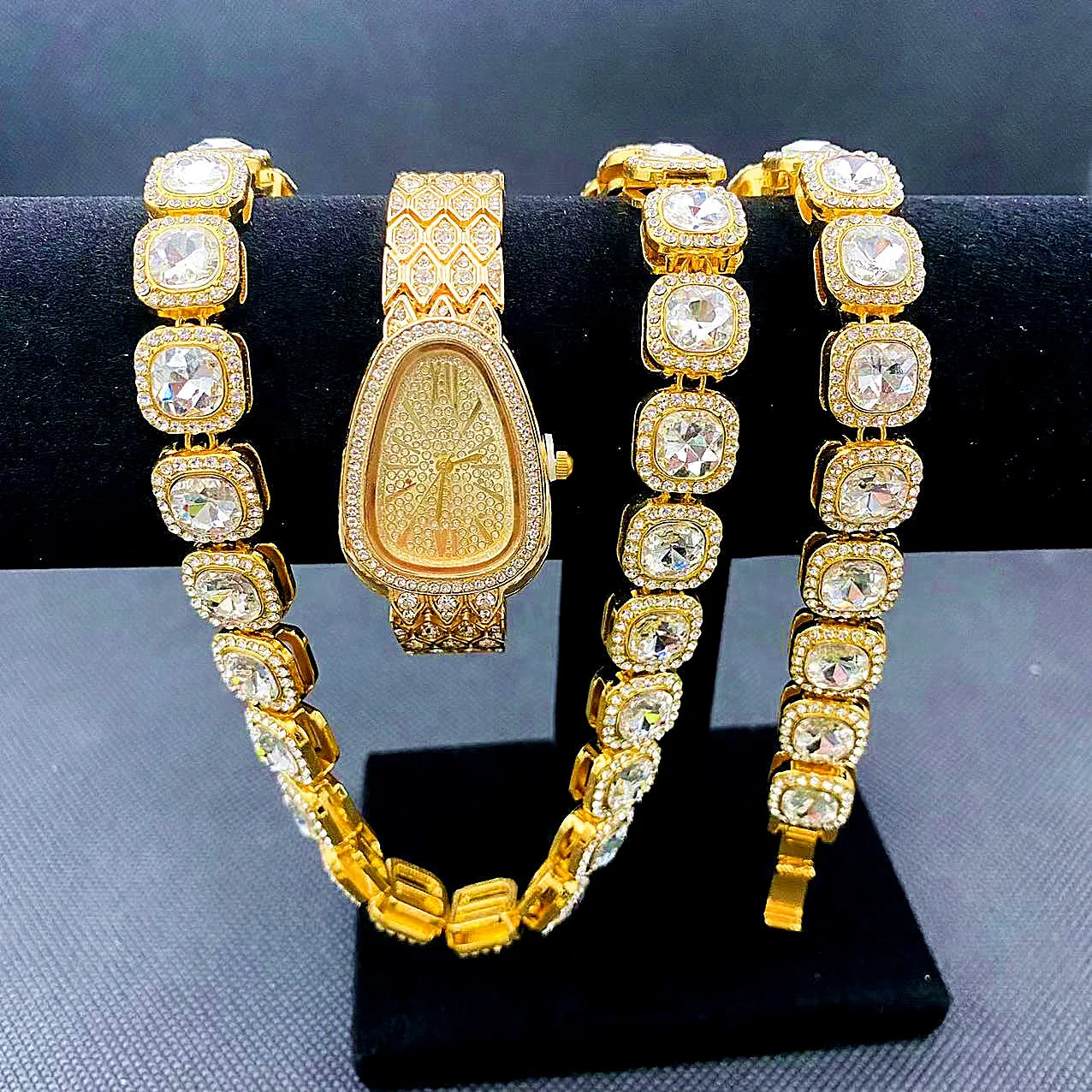 3PCS Iced Out Watches for Women Gold Watch Snake Chains Bracelet Necklaces Bling Bling Diamond Jewelry for Women Watch Set Reloj