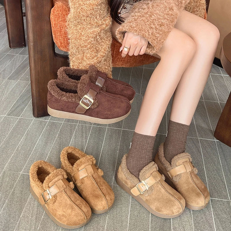 Aphixta Winter Warm Snow Boots Metal Buckle Cow Suede Upper Furry Shoes For Woman 3cm Flat With Boot Round Toe Slip On Footwear