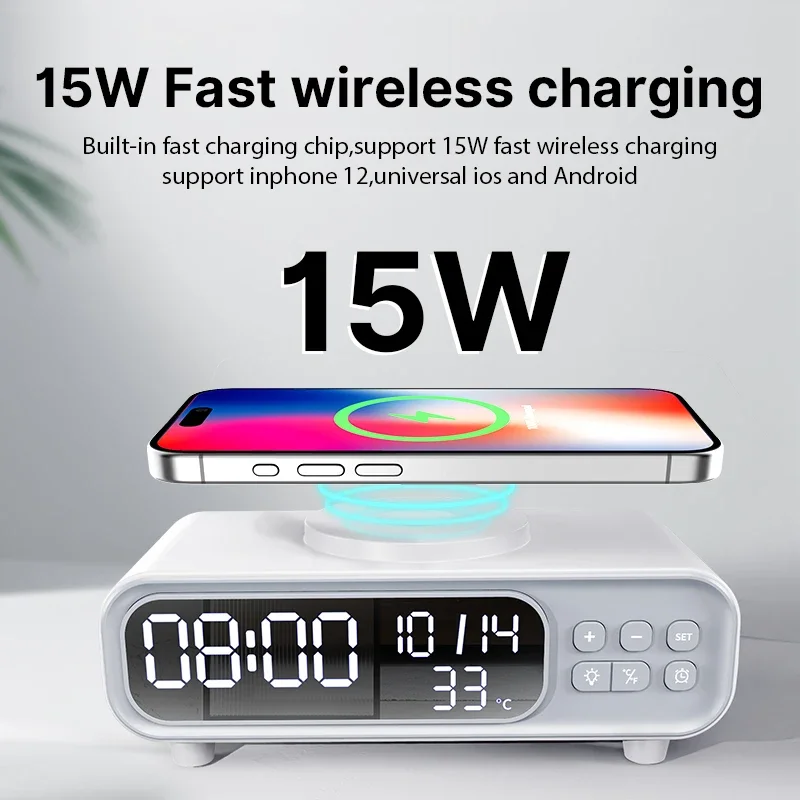 Wireless Charger Pad Time Alarm Clock LED Night Light Thermometer Phone Earphone Fast Charging Station for iPhone Samsung Xiaomi