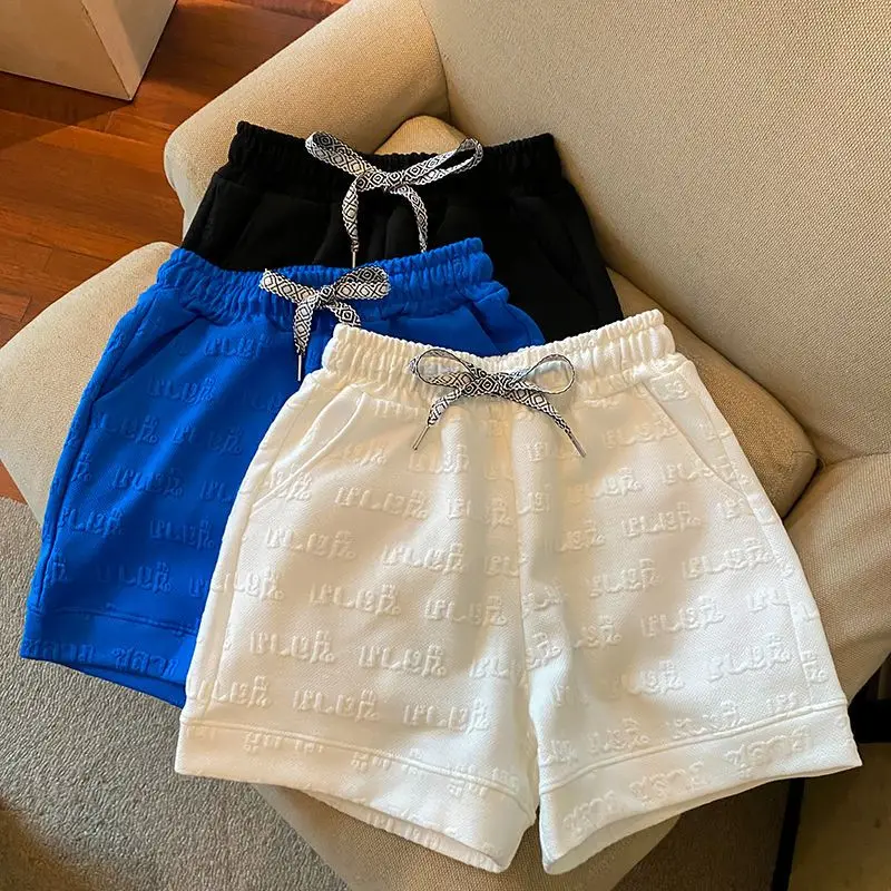 Summer New Lacing Elastic Waist Loose Shorts Solid Color Letter Printing All-match Wide Leg Pants Fashion Casual Women Clothing