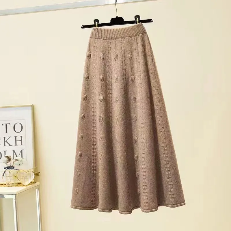 

High waist big swing knitted skirt women 2023 autumn and winter new fashion mid-length temperament pure color a-line skirt