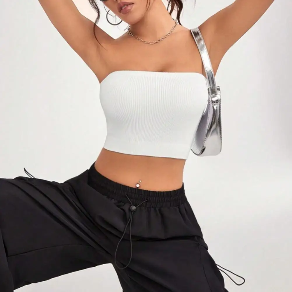 Women Ribbed Vest High Elasticity Anti-slip Bandeau Strapless Solid Color Dressy Tank Top Women Casual Strapless Tank Top