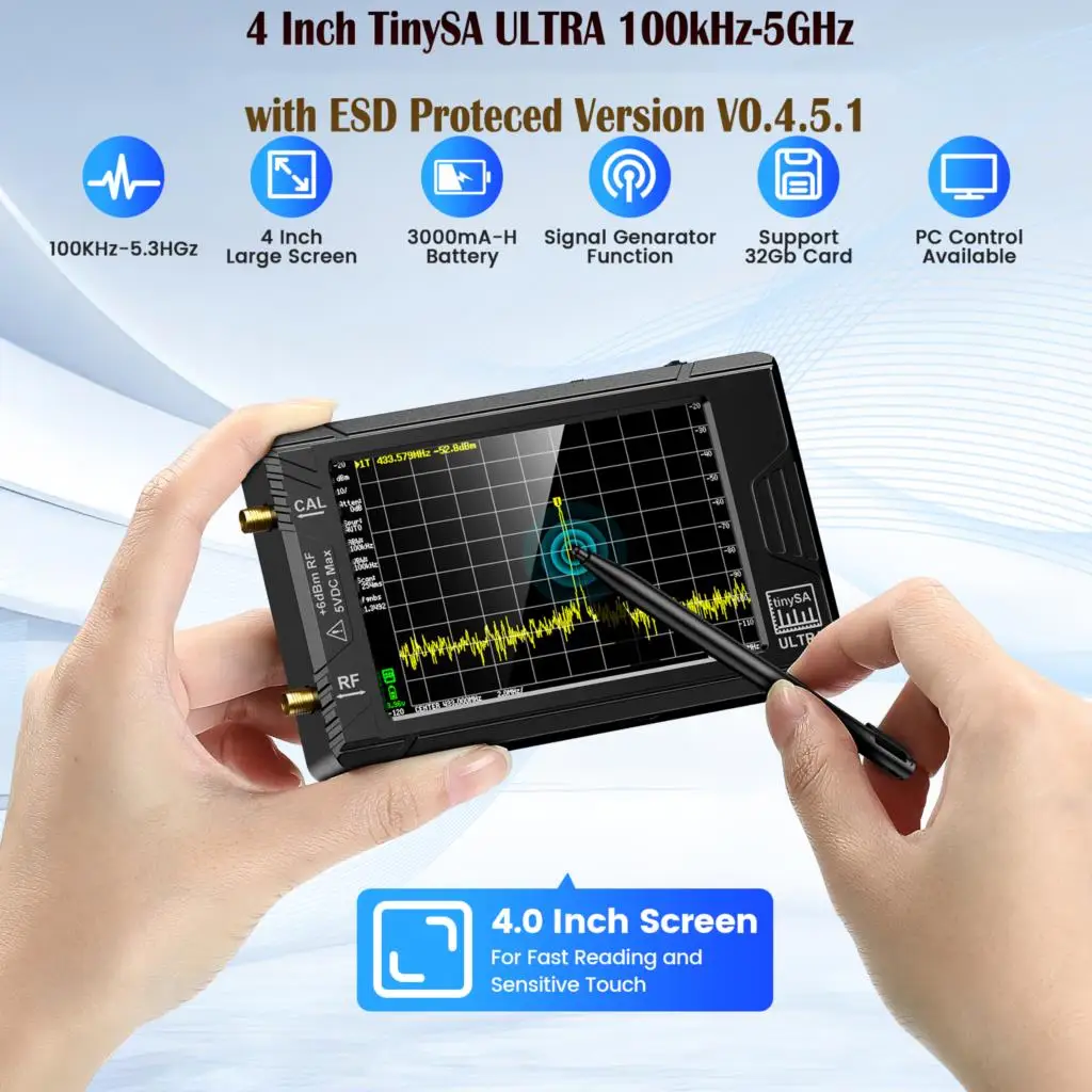 Handheld 2.8" Display TinySA Spectrum Analyzer /TinySA ULTRA With 4" Display 100kHz to 5.3GHz with 32GB Card Version V0.4.5.1 2