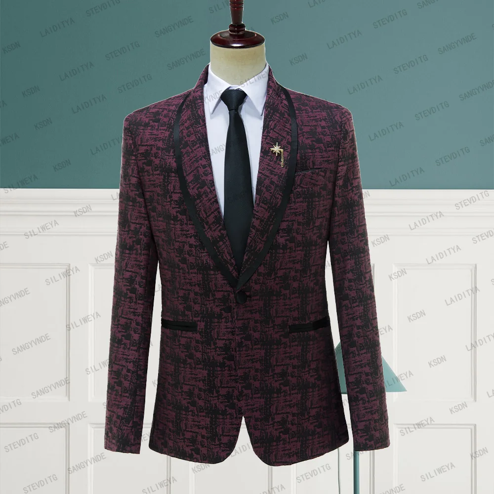 

2023 Handsome Men Casual Wine Red Jacquard Suit Black Satin Trimmed Lapel Dinner Custom Made Tuxedo Formal Jacket Coat Blazer