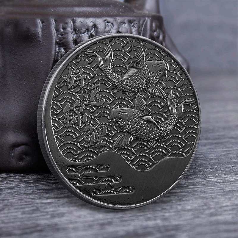 

Chinese Koi Fish Black Commemorative Medal Collection Lucky Coins