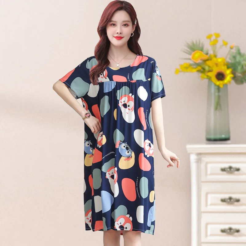 UHYTGF Cotton Silk Summer Pajamas Dress Women's Short Sleeve Pullover Large Swing Nightdress Female Home Clothes Sleepwear 2360