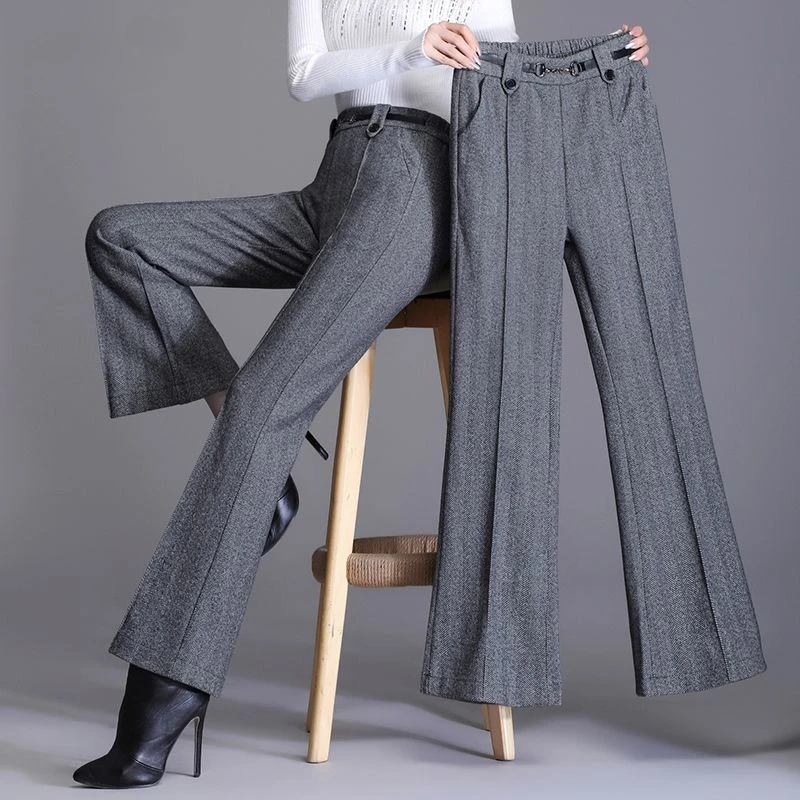 

Woolen Soft and Thickened Winter Micro Flared Pants High Waisted and Slimming Versatile Straight Leg Pants Cropped Pants J02