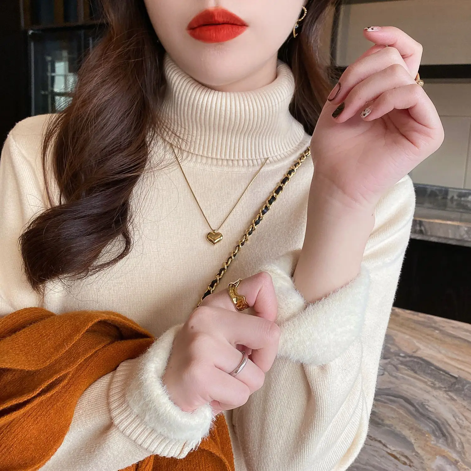 

Women's High Neck Sweater 2023 Winter New Elegant Plush Thickened Warm Long Sleeve Knitted Pullover Basic B551