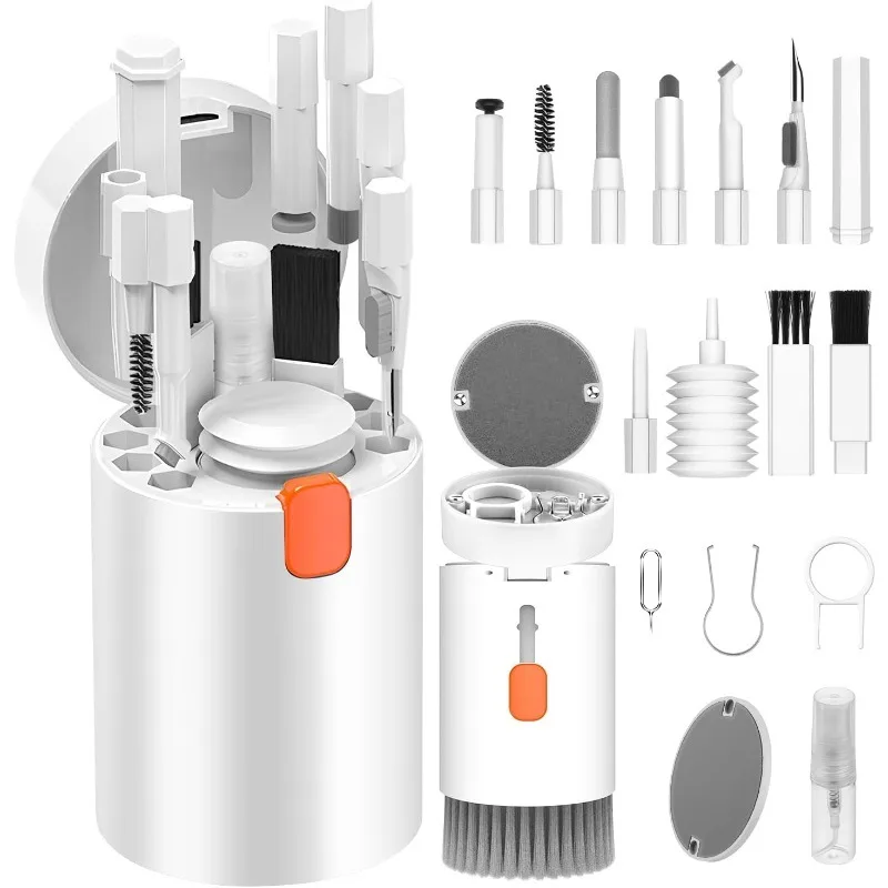 Kit di Pulizia Multifunzionale 20-in-1, Adatto per Dispositivi Elettronici | Spazzola per la pulizia della tastiera, kit per la pulizia degli auricolari AirPods, strumento multifunzionale per la pulizia di laptop, auricolari, fotocamere, telefoni cellulari, bianco.