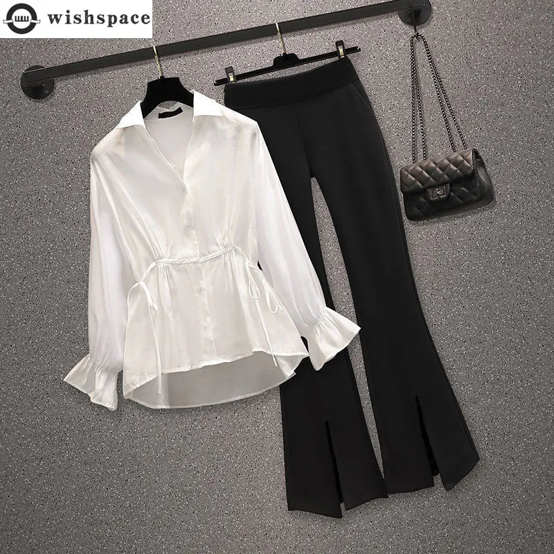 Drawstring Pleated White Shirt Blouse Black Wide Leg Trousers Two Piece Set Summer Elegant Women's Pants Set Office Work Suit