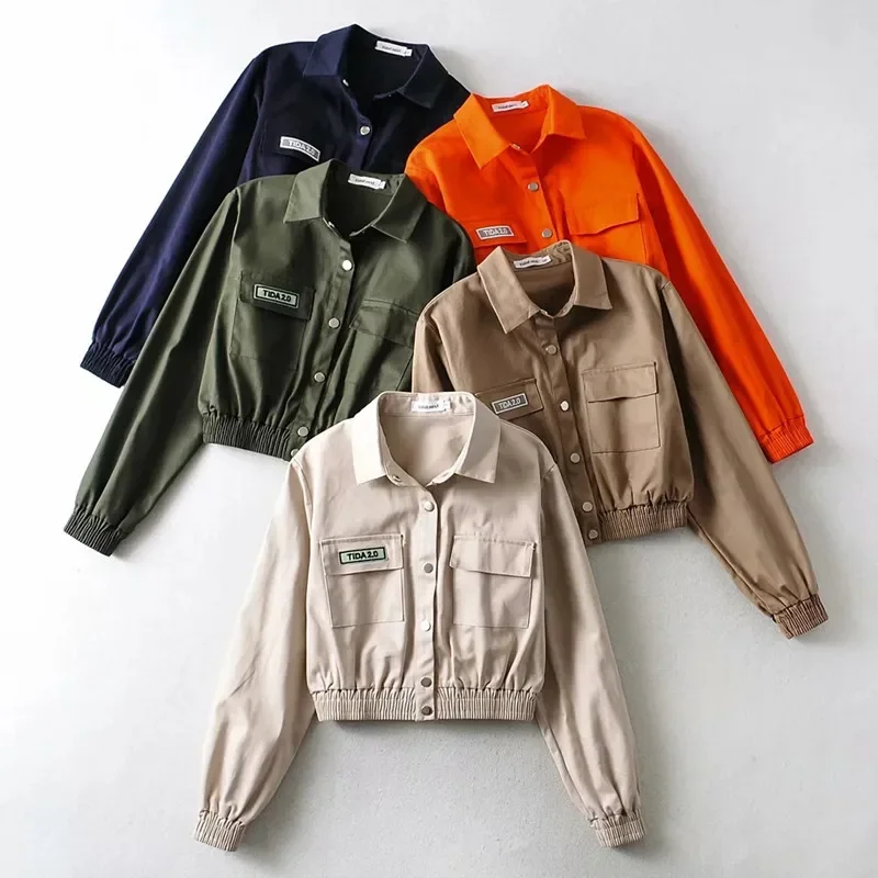 Letter Button Short Jacket Fashion Casual Long Sleeve Pocket Jackets Autumn Winter 2022 Streetwear Turn Down Collar Slim Jacket