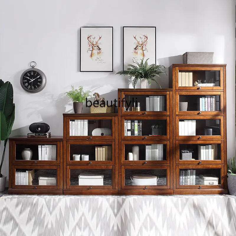 

Solid Wood Bookcase with Glass Door American Style Storage Cabinet Floor Combination European Style Storage Cabinet Bookshelf