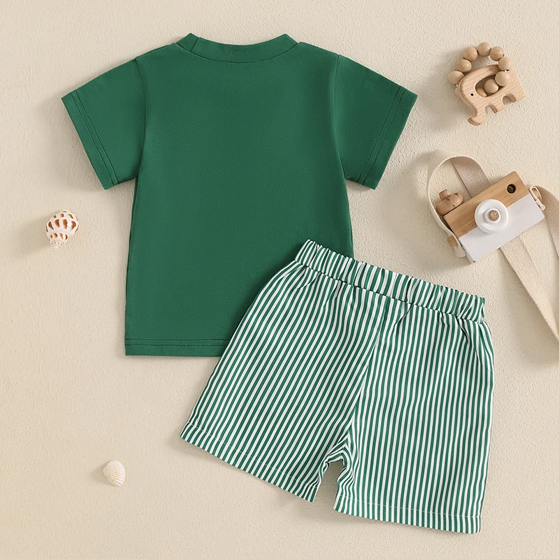 Lioraitiin Toddler Baby Boy Shorts Set Whale/Dinosaur/Turtle Short Sleeve T-shirts Striped Elastic Waist Shorts Summer Outfit 4