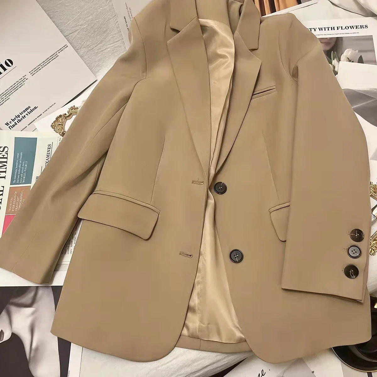 (with lining)Spring and Autumn Loose Korean Women's Suit Coat Solid Breathable Suit Top