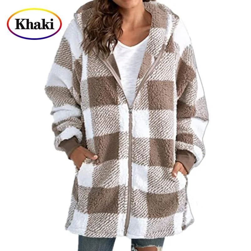 Women's patch winter outdoor faux fur zipper plaid parka plus size sewn plaid jacket hooded warm plush loose jacket