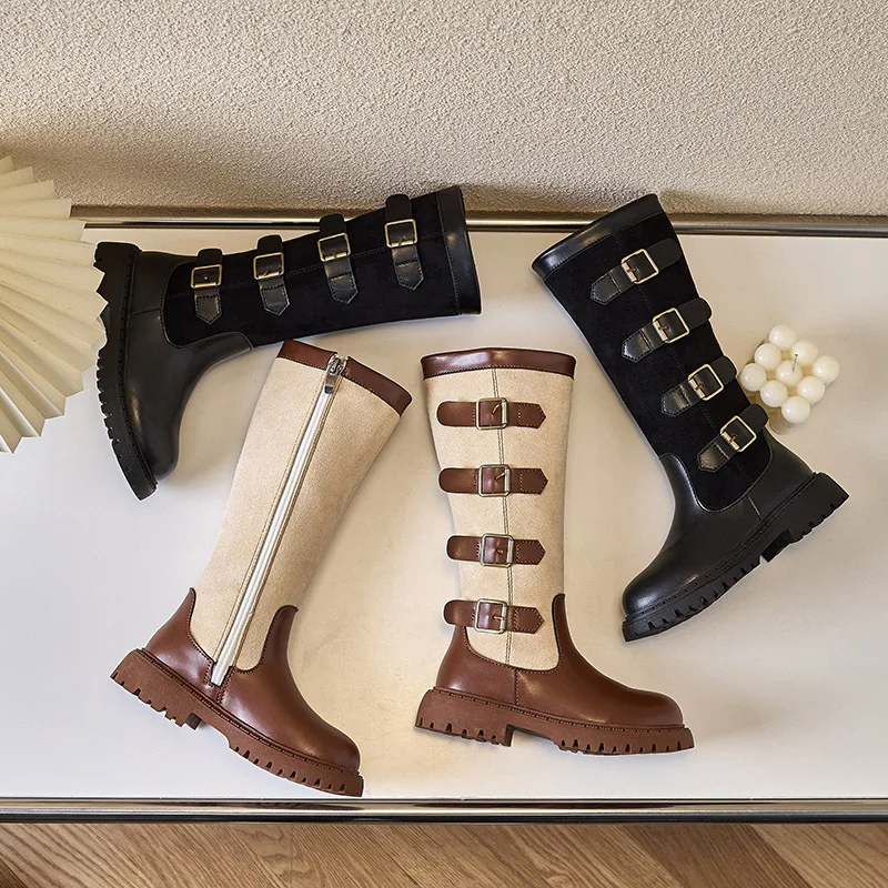 Kids'Boots 솔리드 컬러 PU 가죽 패션 가을 무릎 높이 부츠 소녀용 미끄럼 방지 통기성 블랙 브라운 신발 사이즈 27-37