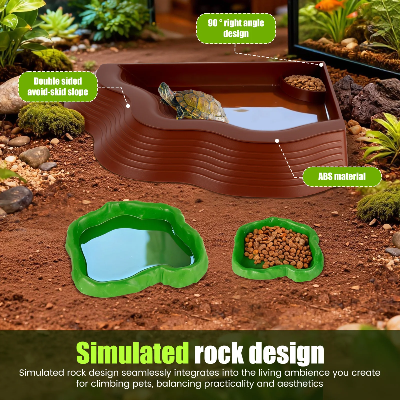 3Pcs Tortoise Water Dish Set Plastic Reptile Water Bowls with Ramp Turtle Pool Aquarium Habitat Accessories Small Pet Supplies