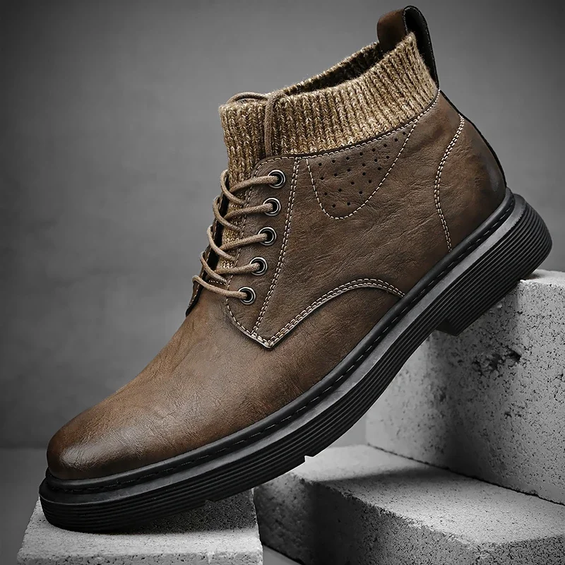 

2023 New Outdoor Men's genuine leather shoes Spliced Lace up Work Wear Trend Breathable Casual Leather Shoes Mid Top Martins