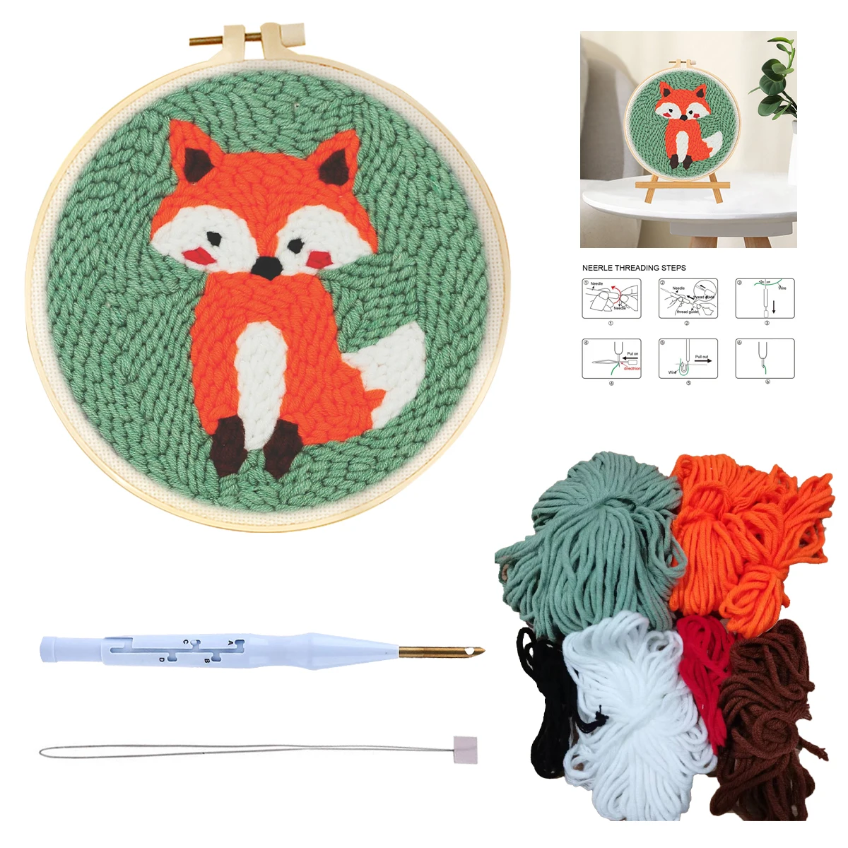 Ruopoty 1 Set Fox Animals Pattern Punch Needle Embroidery Kits Easy To Use Diy Tools Set For Beginners For Rug Hooking Diy Craft