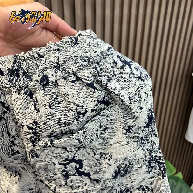New Design Sense Floral Denim Shorts Men's Fashionable All-Match Loose Blue and White Porcelain Cropped Pants Casual Pants