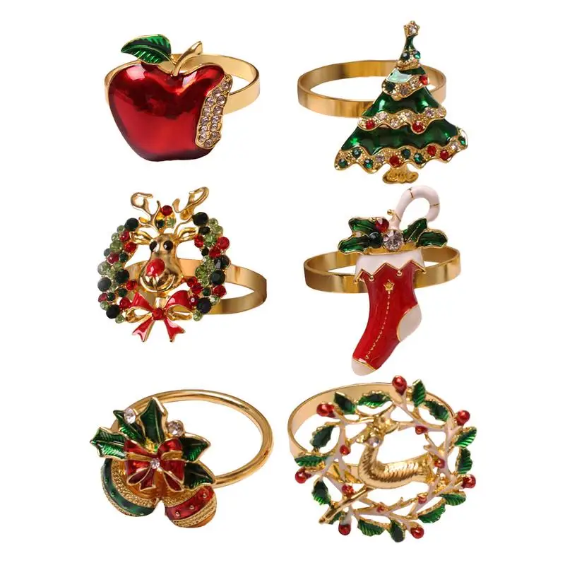 

Кольца для салфеток с рождественской елкой, 6 шт., праздничные кольца для салфеток, держатель, венок с колокольчиком и оленем, Пряжка для салфеток с рождественской елкой и искусственными элементами