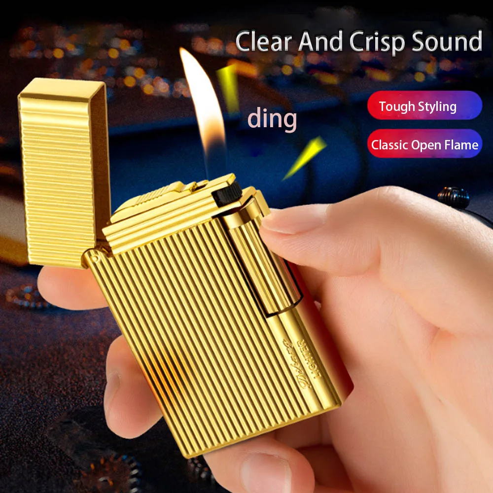 Fashion Metal Bright Ping Sound Cigarette Butane Gas Lighters Stripe