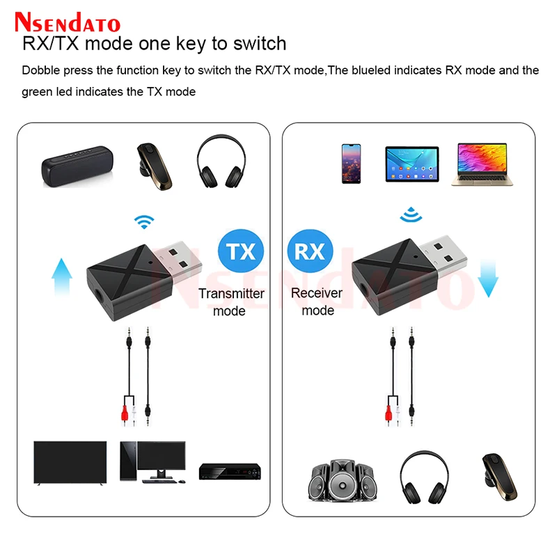 2 in 1 Wireless Bluetooth 5.0 Transmitter Receiver USB Wireless Adapter For Car 3.5mm AUX Stereo Audio Music Transmitter For TV