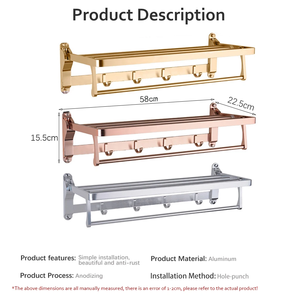 バスタオル掛け,60cm,アルミニウム,ピンク,ゴールド,ポリッシュ,壁掛けオーガナイザーフック,折りたたみ式棚,バスルームアクセサリー  Aliexpress