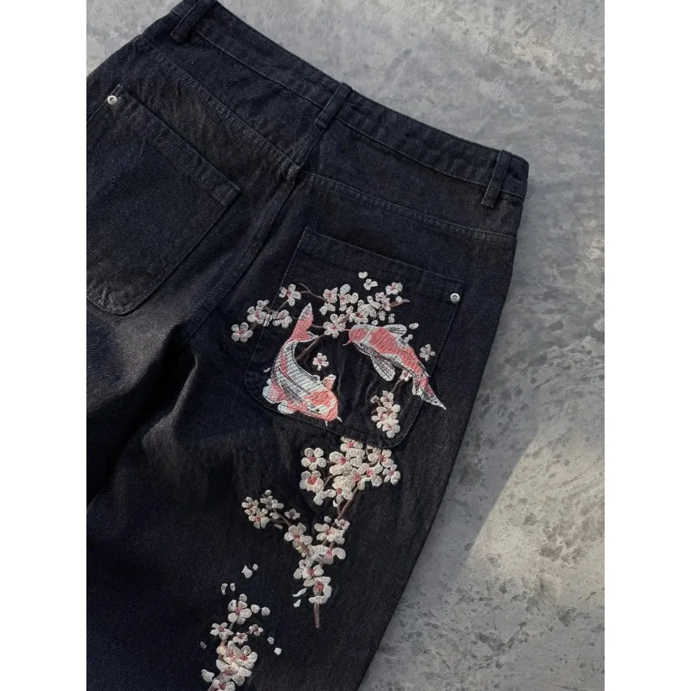 Y2K Retro Casual Straight-Wide Leg JeansStreet Style Gothic Hip-Hop Punk Fashion with Koi and Cherry Blossom EmbroideryUnisex 2