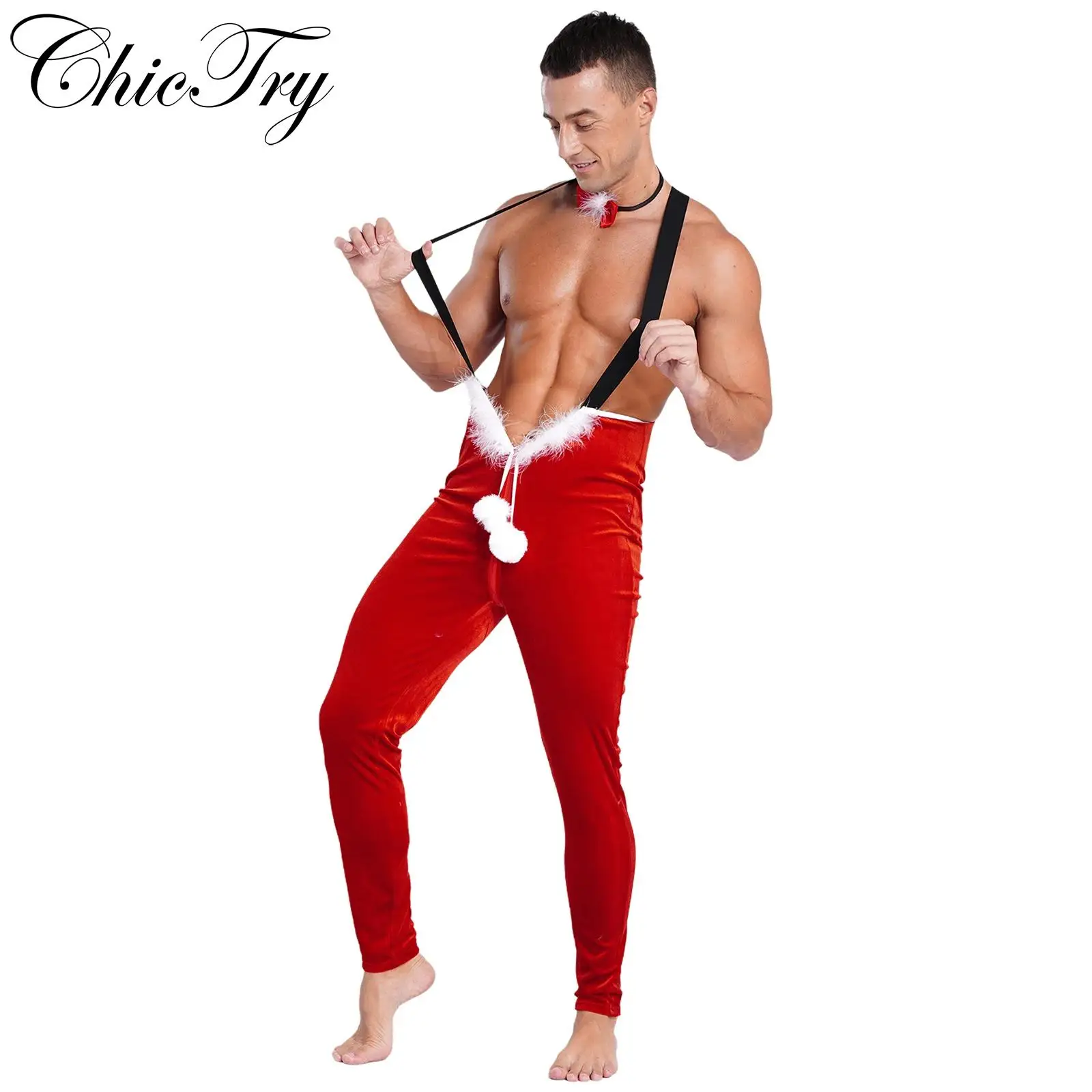 Men Sexy Christmas Costume Xmas Santa Claus Festival Party Romper Velvet Elastic Strap Jumpsuit Bow Tie Set New Year