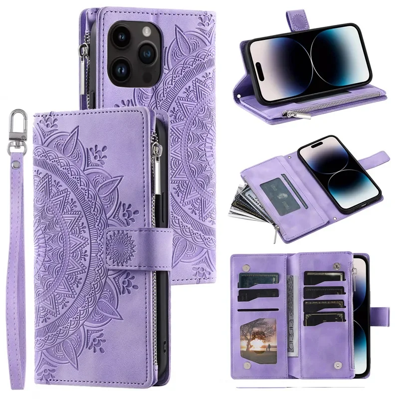 thumbnail image 1 of Funda de cuero con tapa cruzada para iPhone, 15, 14 Pro Max, 13, 12, 11, X, XS, XR, SE, 2022, 8, 7 Plus, funda larga con cordón y cremallera para tarjetas, 1 of 5